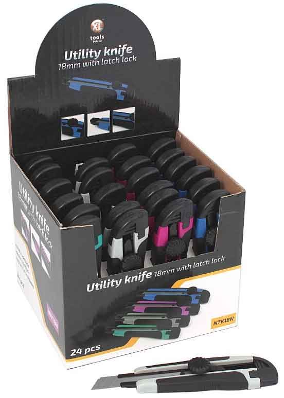 Sada ulamovacích nožov 18 mm v predajnom boxe, 24 ks, s kolieskom, 4 farby, XL-TOOLS