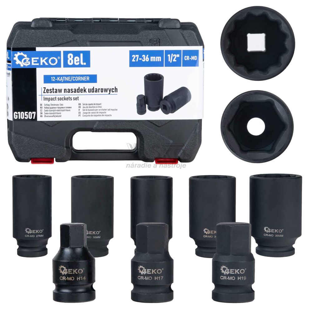 Sada 1/2" úderových hlavíc 12HRAN 27-36 mm a 6HRAN H14-H19 v kazete, GEKO