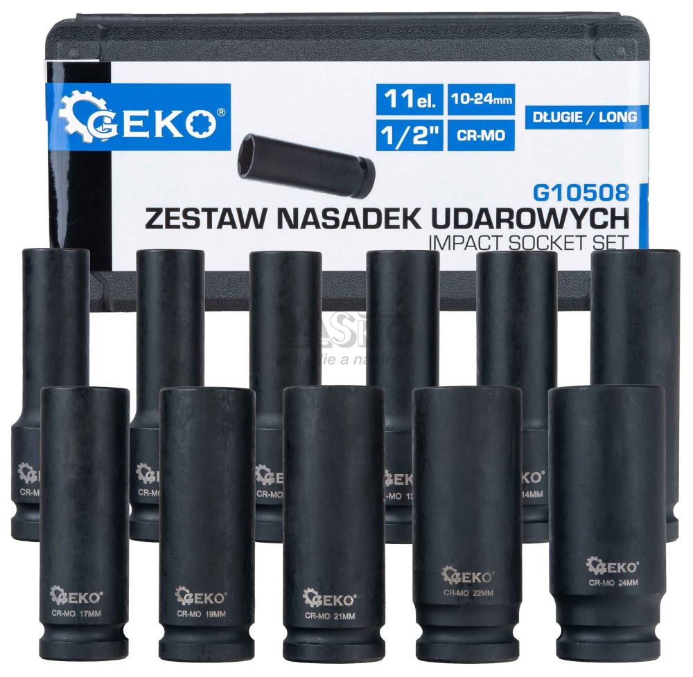 Sada 1/2" úderových predĺžených hlavíc 6HRAN v kazete, 10-24mm, 11-dielna, GEKO