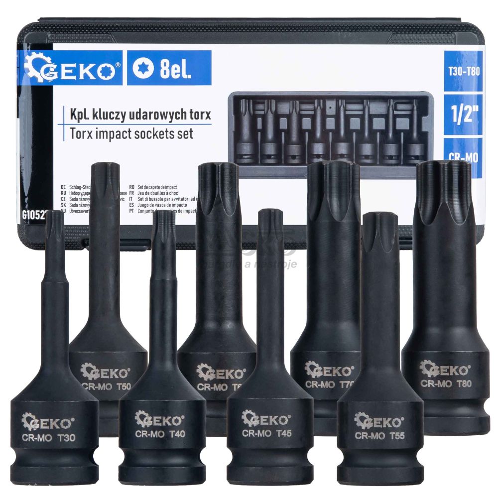 Sada úderových TORX hlavíc 1/2", T30 - T80, 8-dielna, GEKO