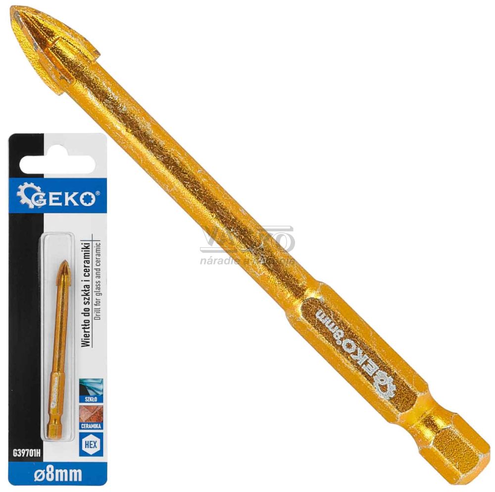Vrták do skla a keramiky 8 mm, 4-britý, stopka 1/4", GEKO