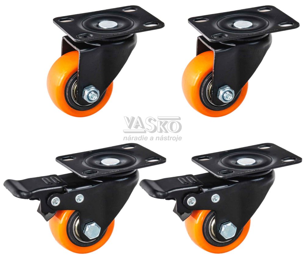 Sada 4 otočných koliesok 40 mm, nosnosť 40 kg - 2 kolieska s brzdou, GEKO