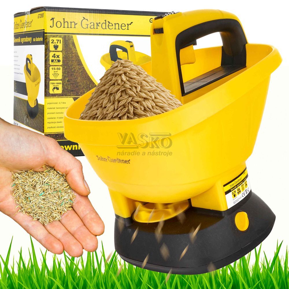 Akumulátorové rozmetadlo trávnikového semena a hnojív, objem 2,7 litra, GEKO
