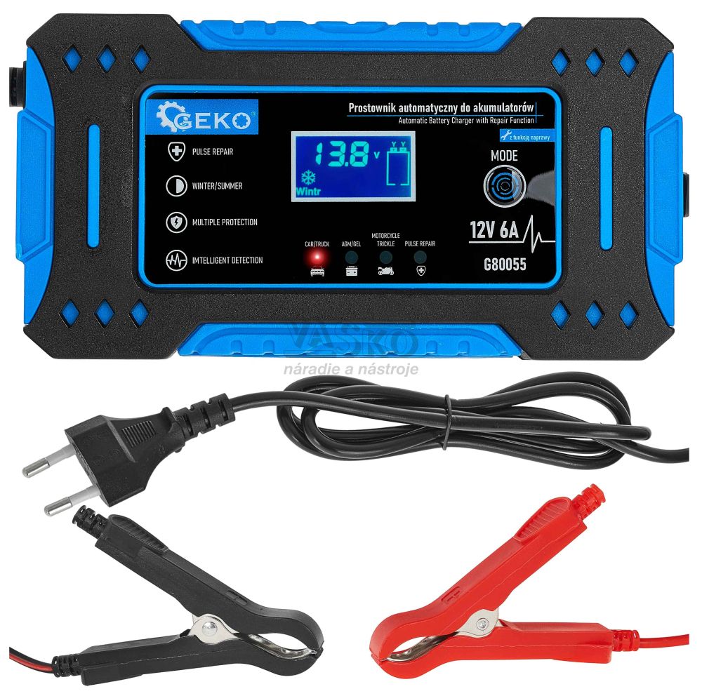 Nabíjačka autobatérii s funkiou opravy, 230 V, 12V, intenzita prúdu 6A, AGM/GEL, GEKO