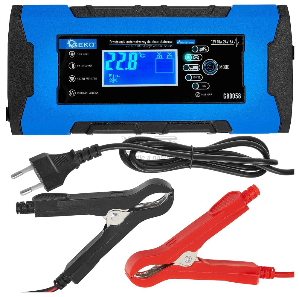 Nabíjačka autobatérii s funkiou opravy, 230 V, 12/24V, intenzita prúdu 10A, AGM/GEL, GEKO