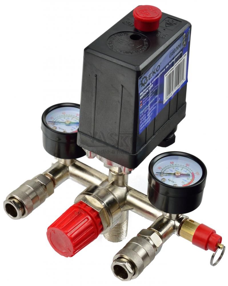 Tlakový spínač na kompresor 8 bar, 230V, 2 výstupy 1/4" s manometrami, GEKO
