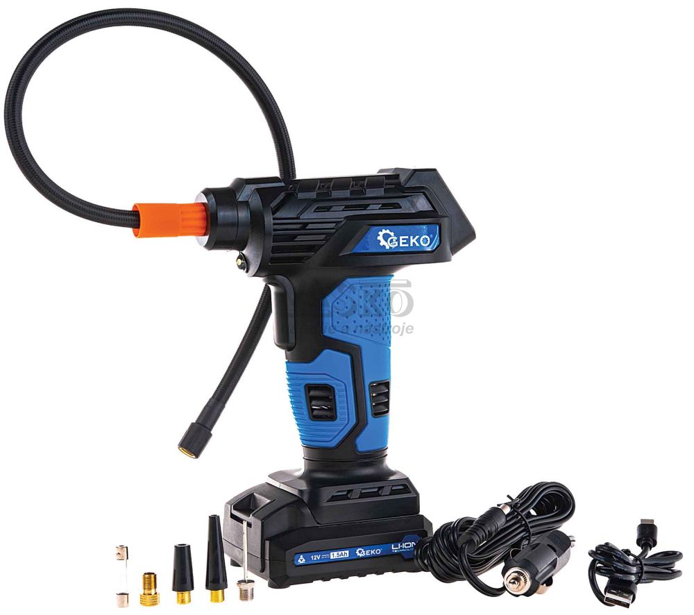 Akumulátorový kompresor 0,2-10,3 Bar, 12V, 1.5Ah batéria, 23l/min, LCD display, GEKO