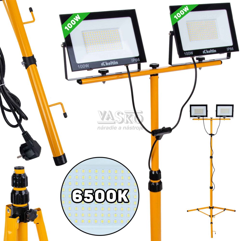 LED reflektor 2x100W s teleskopickým stojanom, studená biela 6500K, KELTIN
