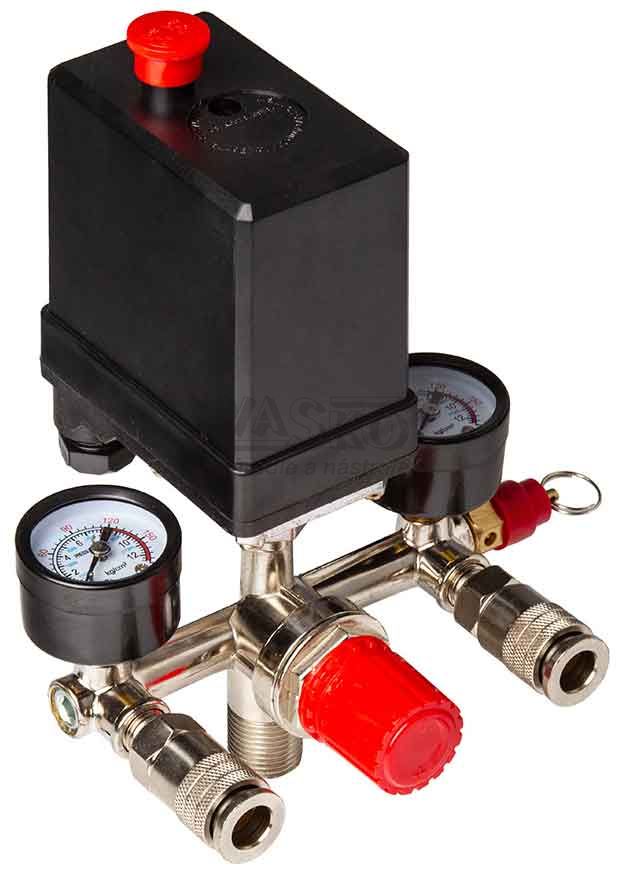 Tlakový spínač na kompresor, 6-8 barov, 400V, 2 výstupy 1/4" s manometrami, MAR-POL