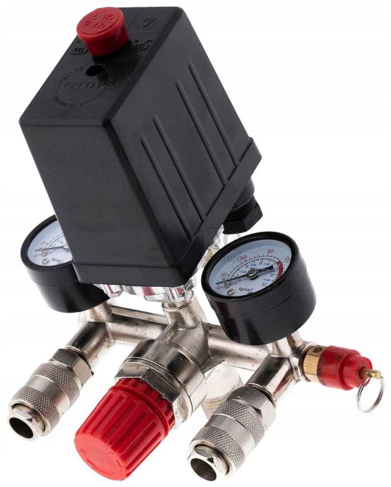 Tlakový spínač na kompresor 6-8 bar, 230V, 2 výstupy 1/4" s manometrami, MAR-POL