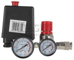 Tlakov� sp�na� na kompresor 0-5 bar, 230V, 1 v�stup 1/4" s 2 manometrami, GEKO